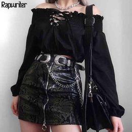 Rapwriter Gothic Off Shoulder Black Ruffled Blouse Women Spring Cross Lace Up Hollow Out Long Lantern Sleeve Chic Tops 210415