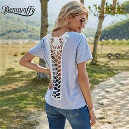 O-Neck Hollow Out Lace Back Short Sleeve T-Shirt Women Fashion Tops Summer Casual Ladies Gray Backless Tees 210510