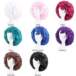 Solid Colour Large Satin Wide Band Sleep Cap Long Tail Bonnet Soft Night Hat Hair Accessories Women Bohemian Style Headscarf