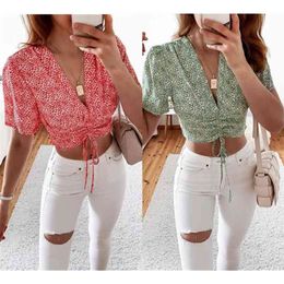 Women Summer Floral Drawstring Top Sexy Deep V Neck Short Sleeve Corp Blouse Lady Fashion Pullover Shirts Femme Blusas 210517