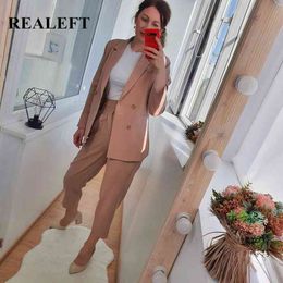 REALEFT New Autumn Winter Women's Pant Suit Double Breasted Notched Blazer Jacket & Pant Office Wear Women Suit Female Sets 210331
