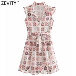 Zevity Holiday Style Women Sweet Pleat Ruffles Patchwork Floral Print Casual Shirt Dress Female Chic Bow Sashes Vestidos DS8178 210603