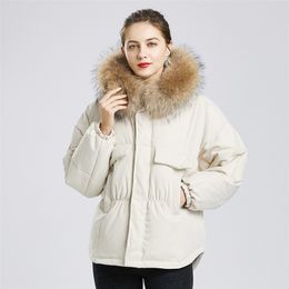 Winter 90% White Duck Down Coat Large Real Raccoon Fur Hooded Short Jacket Women Irregular Parkers Loose Warm Snow Outwear 210430