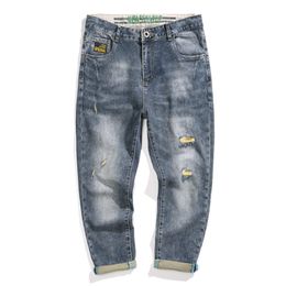 Men's Jeans Riped Men Harem Pants Cropped Trousers Blue Stretchy Destroyed Hip Hop Capri-Pants Distressed Clothing 2021 Summer