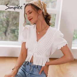Sexy Deep V-neck Puff Sleeve Button Blouse Casual Summer Women Short Tops Fashion Elegant White Ruffled Female Tees 210414