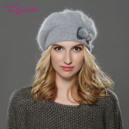 winter Women beret hat knitted wool angora beret Simple and stylish mink flower decoration cap Double warm hat