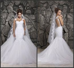 2021 Custom Made Beautiful Court Train Illusion Transparent Back Beaded Lace Mermaid Spring Wedding Dresses Bridal Gowns