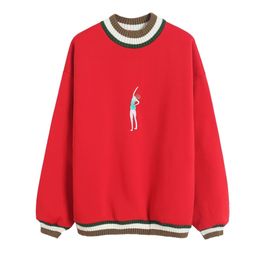 Yellow Black Red Embroidery Swimming Girl Turtleneck Sweatshirts Pullovers Casual Think Fleece H0019 210514