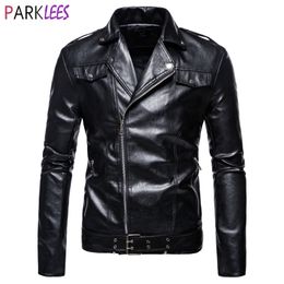 Double Pocket Motorcycle Biker Leather Jacket Men Casual Oblique Zipper Faux Leather Jackets Coats Male Chaqueta Moto Hombre 210522