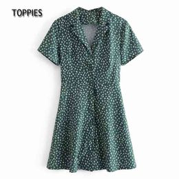 Toppies Green Short Sleeve T-shirt Dress Woman Slim A-line Mini Dress Summer Flower Printing Smocks 210412