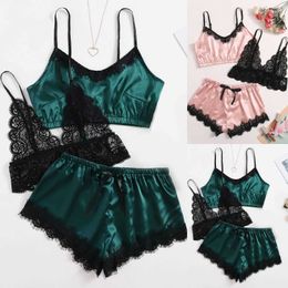 Women's Sleepwear Sexy Satin Pajama Set 3PCS Lace V-Neck Pyjamas Sleeveless Cute Cami Top Shorts Sexy Lingerie Nightie Homewear Q0706