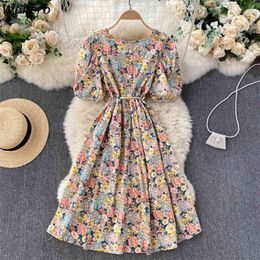 Summer Floral Print Square Collar Women Midi Dress Elegant Short Sleeve Lace-up Slim Waist Ladies A-line Vestidos 210519