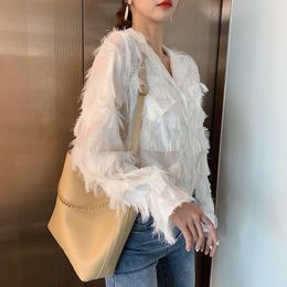 Women's Blouses & Shirts Loose Suit Collar Feather Tassel Chiffon Shirt Spring Women Long Sleeve White Blouse Tops Blusas Para Mujer