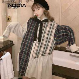 Spring Fashion Sweet Mini Women Shirt Dress Lolita Style Cotton Long Sleeve Bow Button Up Turn Down Collar Plaid Woman Robe 210521