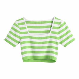 Casual Women Square Collar Knitted Blouse Summer Fashion Ladies High Street Sweet Shirt Female Striped Short Top 210430