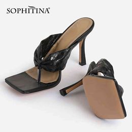 SOPHITINA Sandals Woman Mules Flip Flops Square Toe Slip On Slippers High Thin Heel Blingbling Lady Mature Style Shoes PB62 210513