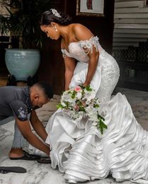 Luxury Ruffles Mermaid Wedding Dresses Bridal Gowns Off The Shoulder Beaded Lace Gorgeous Nigerian Arabic Marriage Robe De Mariee2236