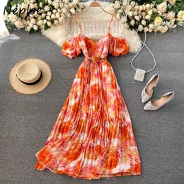 Neploe Print Puff Sleeve Shoulder Strapless Camis Women Dress Beach Style Design Pleated Dresses Chic Drawstring Vestidos 210423