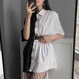 Streetwear Black White Long Blouse Shirt Patchwork Contrast Colour Fashion Women Blouses Tops Loose Cardigan Sale 210426