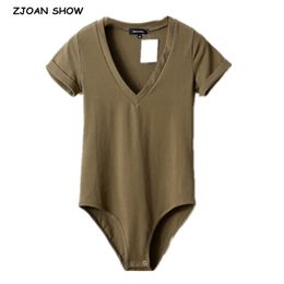Sexy V neck Short sleeve Jersey Bodysuit Woman Tight Jumpsuit Slim fit Rompers Playsuits 6 Colours 210429