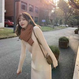 JXMYY autumn and winter new Korean solid Colour half high neck knitted pit stripe dress female Baidu was thin 210412
