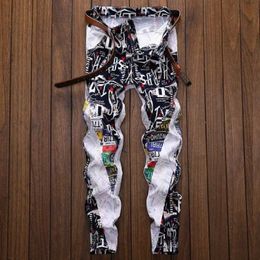 Casual jeans men's print pop stretch small leg pants popular patchwork men's flower pants personality fashion patchwork jeans X0621