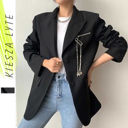 Runway Fashion Black Jacket Blazer Silver Metal Chain Long Sleeve Casual Trend Blazers Coat Woman Outwear Spring 210608