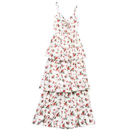 Apricot Black Chiffon Flower Print V Neck Sleeveless Cascading Ruffle Long Maxi Fit And Flare Summer Beach Dress D1365 210514