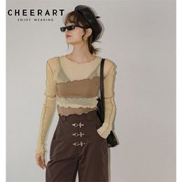 CHEERART See Through Top Detachable Long Sleeve T Shirt Women Fashion Mesh Crop Top Elastic Tight Yellow Tee Shirt 210401