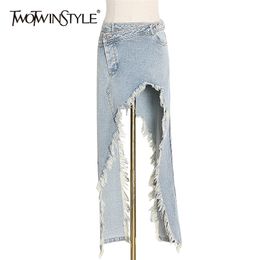 Patchwork Tassel Asymmetrical Denim Skirts High Waist Pocket Irregular Hem Female Spring Fashion 210521