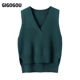 GIGOGOU Women V Neck Knitted Vest Korea Style Spring Autumn Sweater Vests Female Casual Sleeveless Twist Knit Pullovers Tops 211009