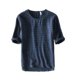 Retro T Shirt for Men Cotton Linen Short Sleeve Striped Tshirts Male Summer New Fashion O-Neck Tops Tees 210421