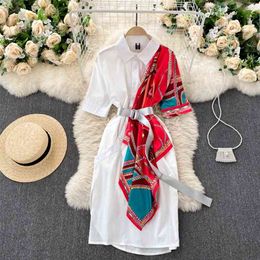 Korea Spring Fashion Women A-line Shirts Dress Lapel Short Sleeve High Waist Scarf Splicing Feminine Elegant Vestidos R330 210527