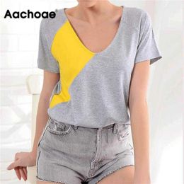 Aachoae Women Summer T Shirts Harajuku Patchwork T-shirt Ladies Sexy V Neck Short Sleeve Top Casual Loose Tunic Tee Shirt Femme T200613