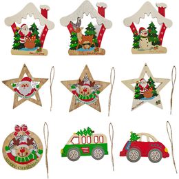 Christmas Ornaments Wooden Santa Claus Snowman Decorations Christmas Tree Pendant Home Painting Crafts w-00960