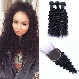 Cambodian Human Hair Extensions Deep Wave 4x4 Lace Closure with 3 Bundles Double Weft Natural Color