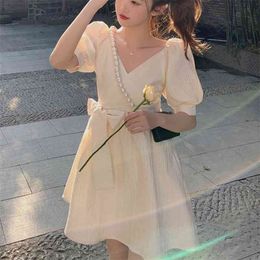 Summer Women's Fashion French Retro V-Neck Puff Sleeve Elegant Bow Casual Sweet A-Line Mini Dress Robe 210519