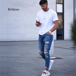 Fashion Casual Plus Size Men Jeans Solid Slim Ankle Length Denim Trousers Hole Ankle Length Streetwear X0621