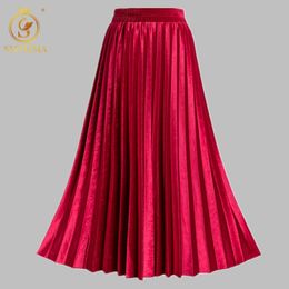 Spring And Summer Pleated Women Skirts Velvet Big Swing Elastic waist Faldas Saia Fashion Female Jupe 210520