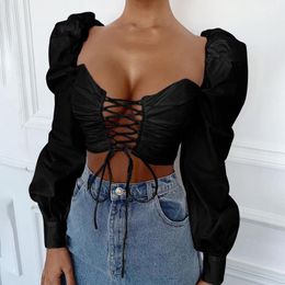 Women Sexy Crop Top Shirt Long Puff Sleeve Bandage Hollow Out Clothes White Black Blouses 2021 Fashion Female Streetwear Women's & Shirts