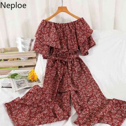 Neploe Jumpsuits Women Summer Ropa Mujer Elegant Ruffled Off Shoulder Retro Floral Bodysuit High Waist Wide Leg Pants Playsuit 210422