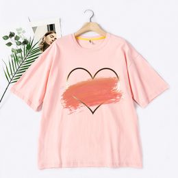 100% Cotton Pink Heart Print Women's Tshirt O-neck Short Sleeve Basic Candy Loose Casual T-shirts For Girls Summer Tops 210518