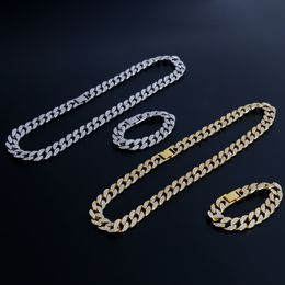 Hip Hop 2pcs Kit Miami Curb Cuban Chain Necklace 13-15MM Golden Iced Out Paved Rhinestones CZ Bling Rapper Necklaces Men Jewellery X0509