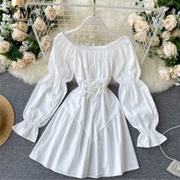 YuooMuoo Early Autumn Dress Retro Gothic Women White Black Bandage Mini Sexy Off Shoulder Puff Sleeve Korean Vestidos 220311