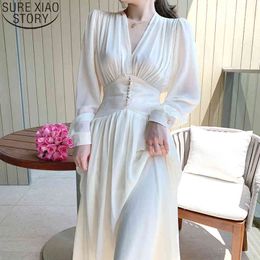 Elegant Sexy Women White Long Sleeve Party Dress Office Lady V-neck Loose Midi Dresses Autumn Clothing Female 12097 210417