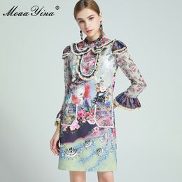 Fashion Designer dress Spring Women's Dress Long Sleeve Beaded Ruffles Cartoons Floral-Print Dresses 210524