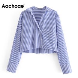 Fashion Striped Cropped Shirt Women Turn Down Collar Casual Shirts Female Long Sleeve Loose Blouse Streetwear Tops 210413