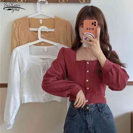 Casual Retro Square Collar Single-breasted Women's Blouse Solid Colour Long-sleeved Shirt Korean Slim Ropa De Mujer 12747 210521