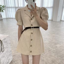 Casual Dresses Alien Kitty Apricot Puff Sleeves Plus Size Mini Dress With Sashes 2021 Loose A-Line Slim Vintage Office Lady Robe Femme Prom