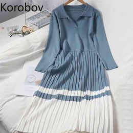 Korobov Korean Pullovers Long Sleeve Knitted Dress Autumn Winter Basic Vintage Dresses Elegant Preppy Style Pleated Vestidos 210430